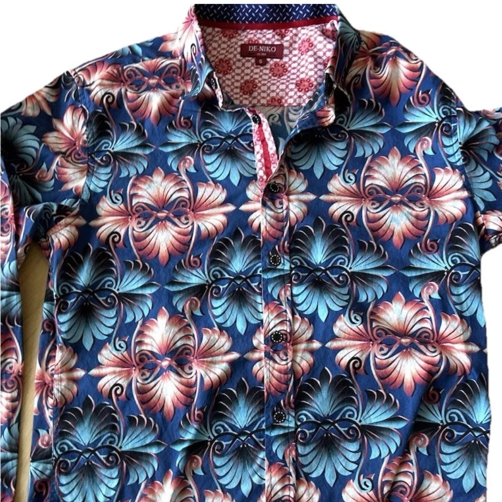 Vibrant Blue and Pink Casual Button Down Shirt with Tropical Flair